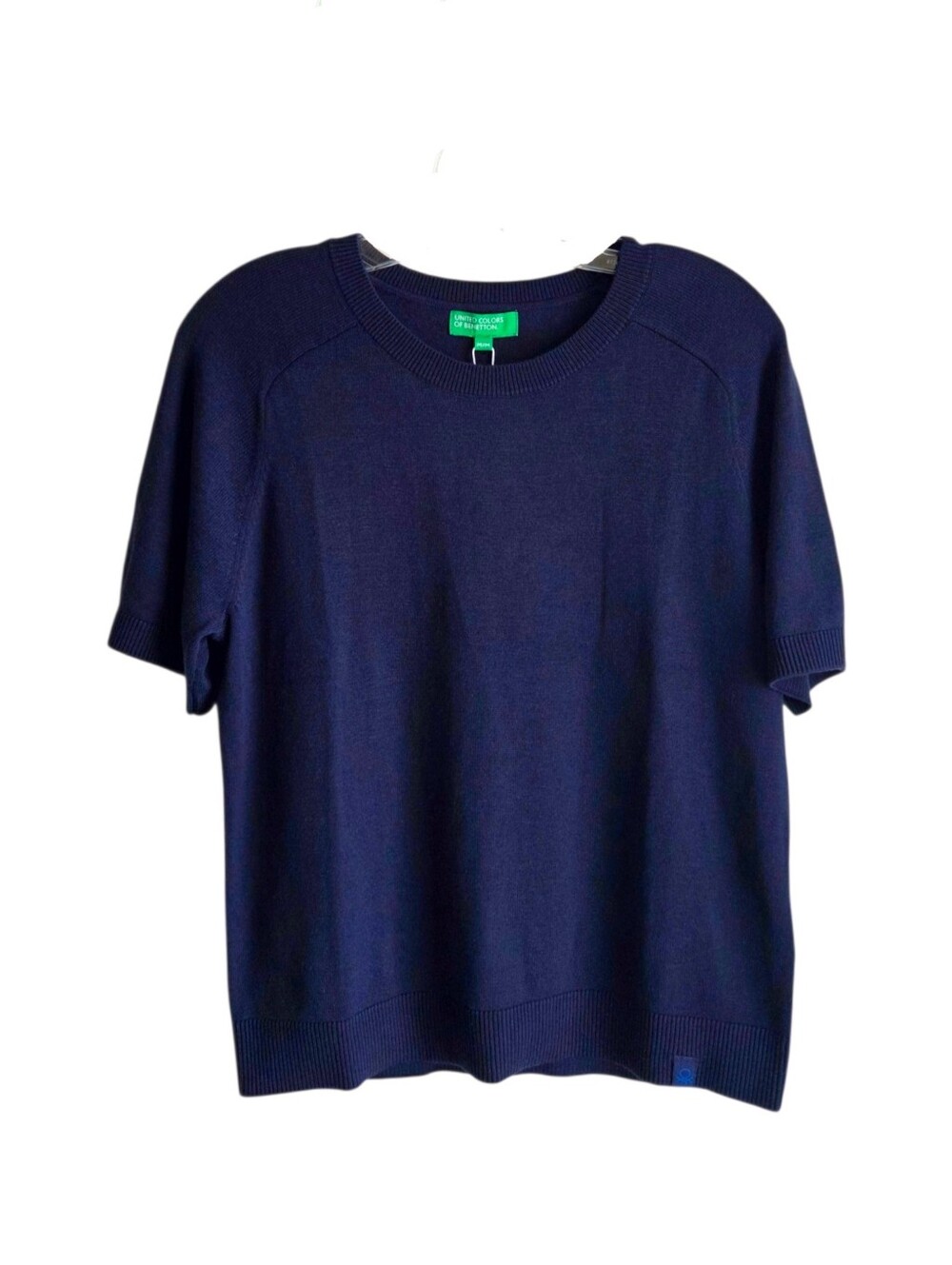 Benetton Women M Short-Sleeve Navy Blue Crew Neck Knit Pullover Sweater Classic